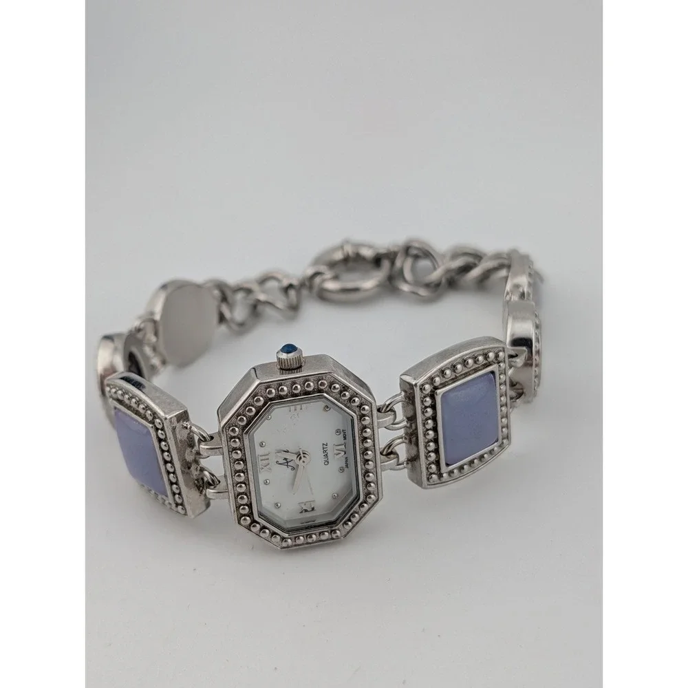 Aria Women's Purple Gemstone Silver Tone Watch MOP Dial 23-569 New Battery